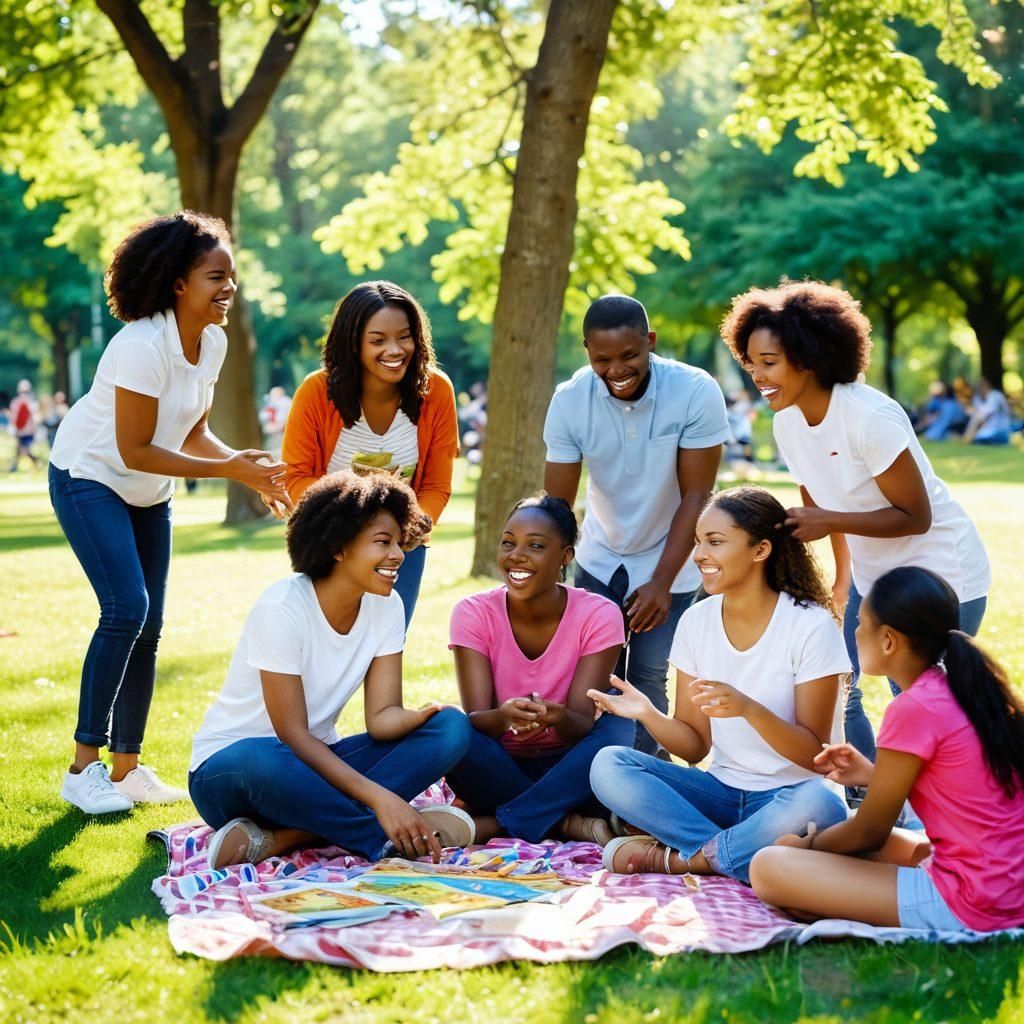 A lively scene showcasing diverse people engaged in joyful activities, such as sharing stories, playing games, and laughing together in a bright park setting. Sunlight filters through lush trees, illuminating their smiles, with NHSP resources prominently displayed in the background as engaging learning materials. The atmosphere exudes happiness and community spirit, inviting viewers to feel a sense of belonging. vibrant colors. super-realistic.