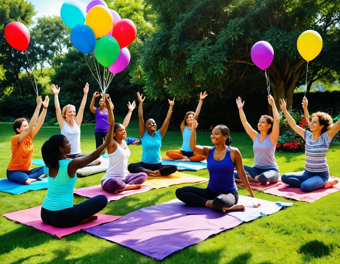 A vibrant scene depicting diverse individuals engaging in joyful well-being activities, such as yoga in a sunlit park, group laughter therapy, and children playing with colorful art supplies. Surround them with lush greenery, bright flowers, and joyful expressions to capture a sense of community and positivity. Incorporate uplifting elements like balloons and sunshine. super-realistic. vibrant colors.