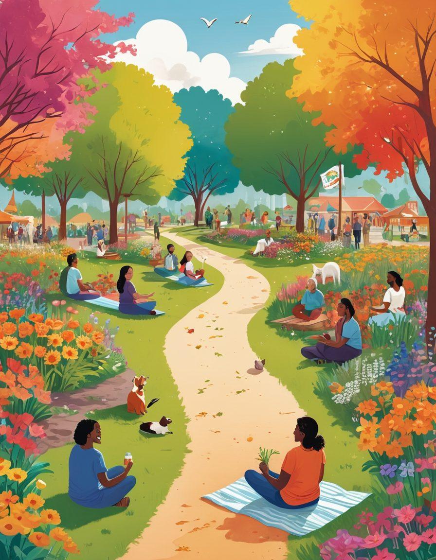 A vibrant illustration showcasing diverse individuals engaging in various joyful activities, such as community gardening, group meditation, and laughter workshops. The setting is a sunny park filled with colorful flowers and friendly animals, symbolizing a thriving community. In the background, banners and signs highlight the NHSP initiatives. The scene radiates positivity and connection, inviting viewers into the happiness journey. colorful illustration. vibrant colors. uplifting atmosphere.